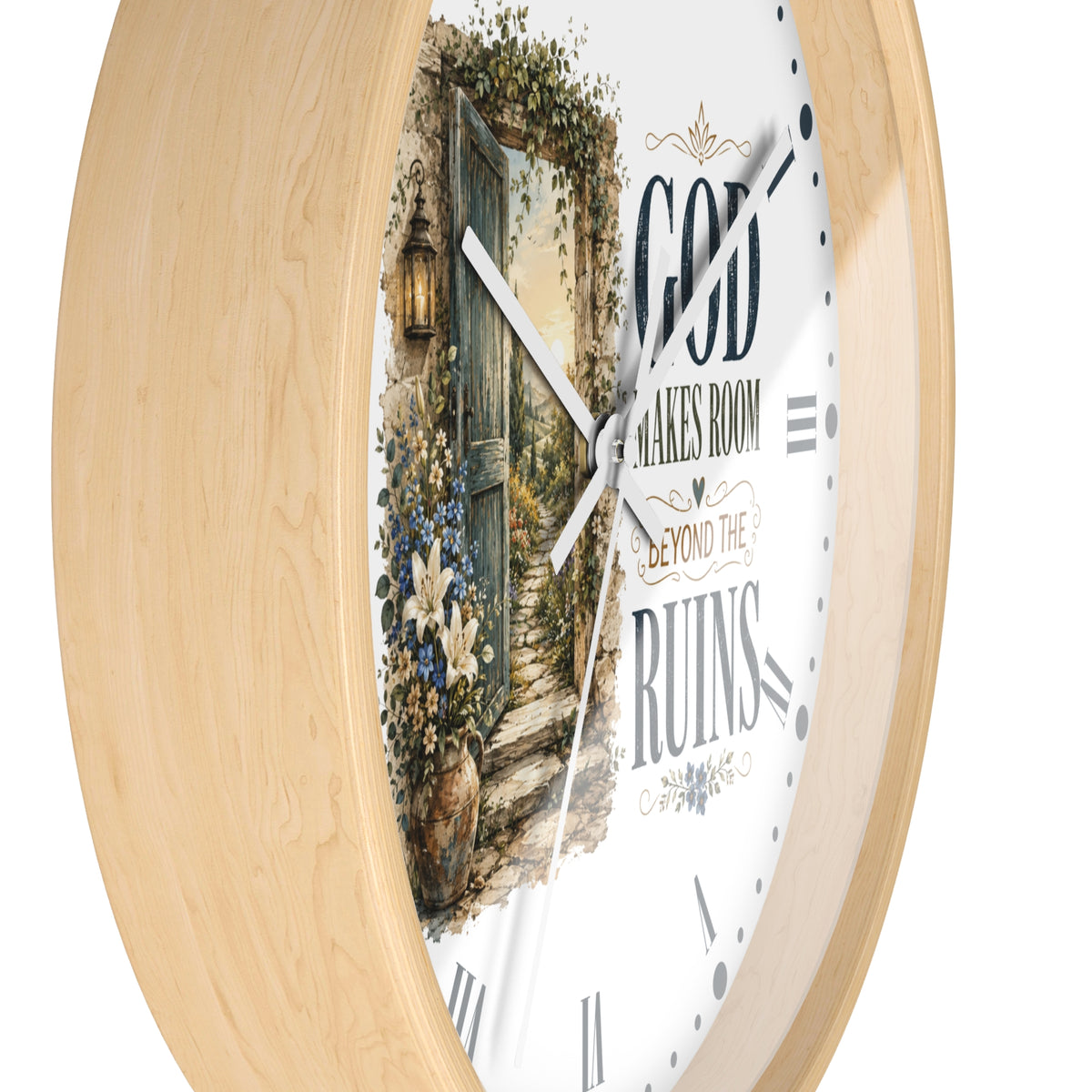 Inspirational Wall Clock — “God Makes Room Beyond the Ruins” Rustic Faith Home Decor