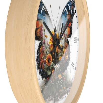 Round wall clock with a light natural wood frame and a white face featuring a large butterfly made of colorful flowers and leaves, shown on a white background.