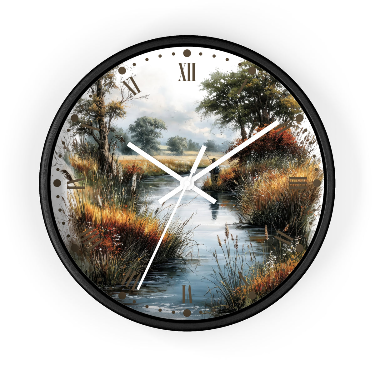 Round wall clock with a black frame and a scenic landscape print featuring a river, trees, reeds, and a cloudy sky. The clock face includes white hands, Roman numeral hour markers, and a white background around the printed scene.