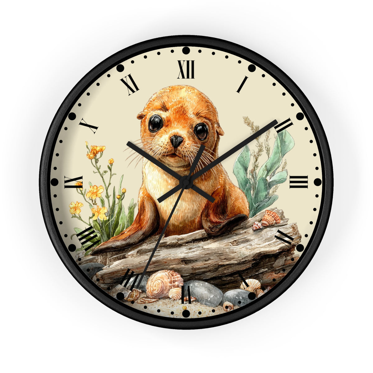 A round wall clock with a black frame and a cream-colored face featuring a detailed illustration of a seal pup sitting on a log with seashells and sea plants. The clock has black Roman numerals and black hands.