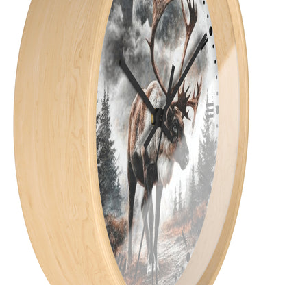 Round wall clock with a light natural wood frame and a printed deer in a misty forest design on the face, shown against a plain white background.
