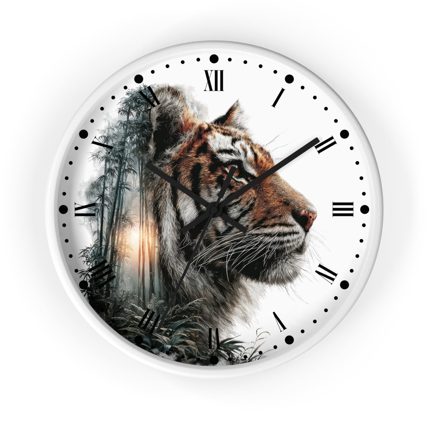A round wall clock with a white face featuring a detailed tiger portrait in profile over a misty forest scene. The clock has black Roman numerals at XII and black hour markers, with black hands and a subtle drop shadow on a white background.