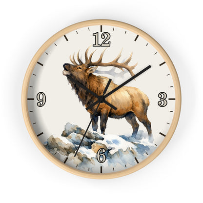 Elk Winter Wall Clock — Rustic Watercolor Mountain Lodge Decor