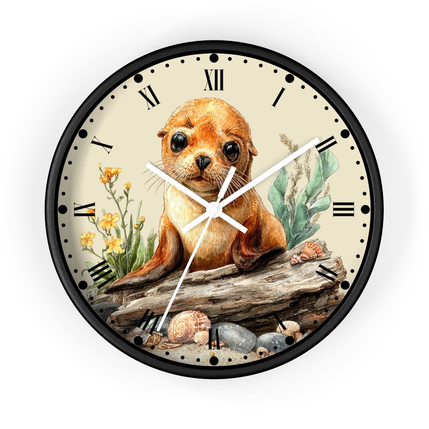 A round wall clock with a black frame and a cream-colored face featuring a detailed illustration of a seal pup sitting on a log, surrounded by flowers, shells, and rocks. The clock has black Roman numerals and white hands.