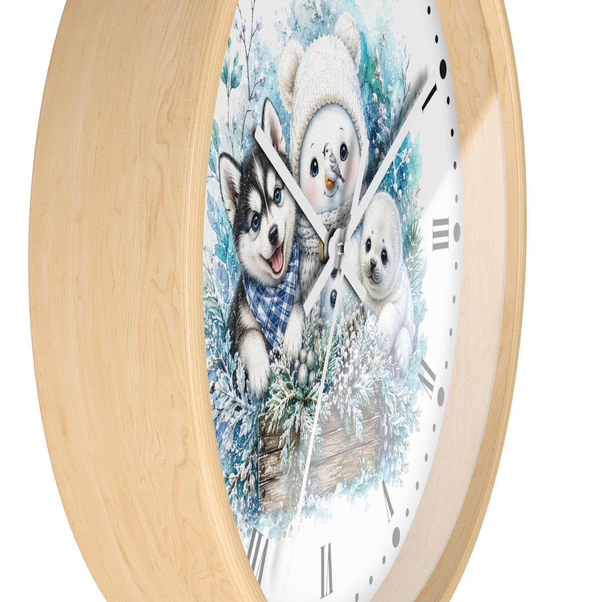 A round wall clock with a light natural wood frame and a white face featuring a winter illustration of a husky, a snowman, and a puppy in blue snowy foliage.