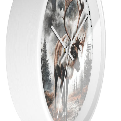 A round white wall clock featuring a printed nature scene of a large deer with antlers standing in a misty forest, shown against a plain white background.