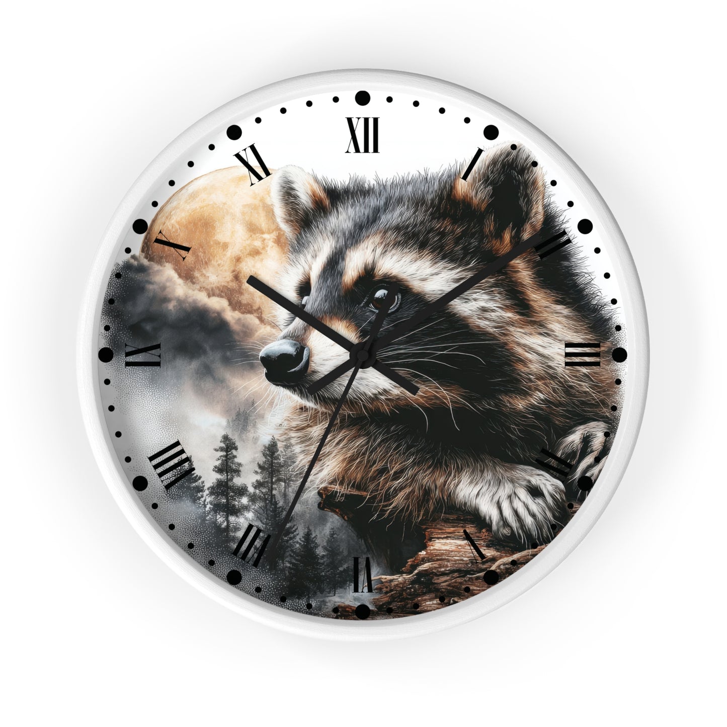 A round wall clock with a white frame and Roman numerals, featuring a printed raccoon face and forest scene on the clock face.