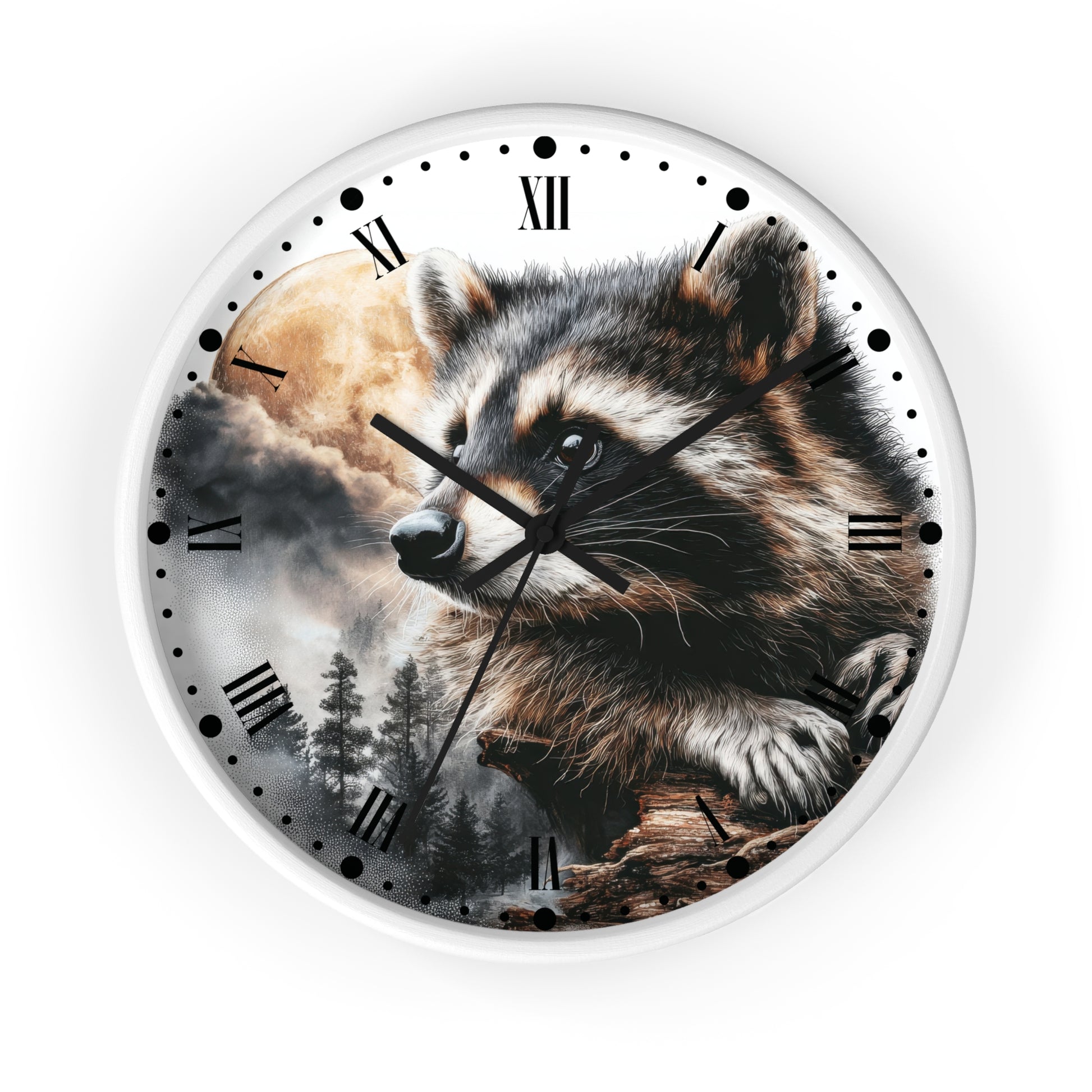A round wall clock with a white frame and Roman numerals, featuring a printed raccoon face and forest scene on the clock face.