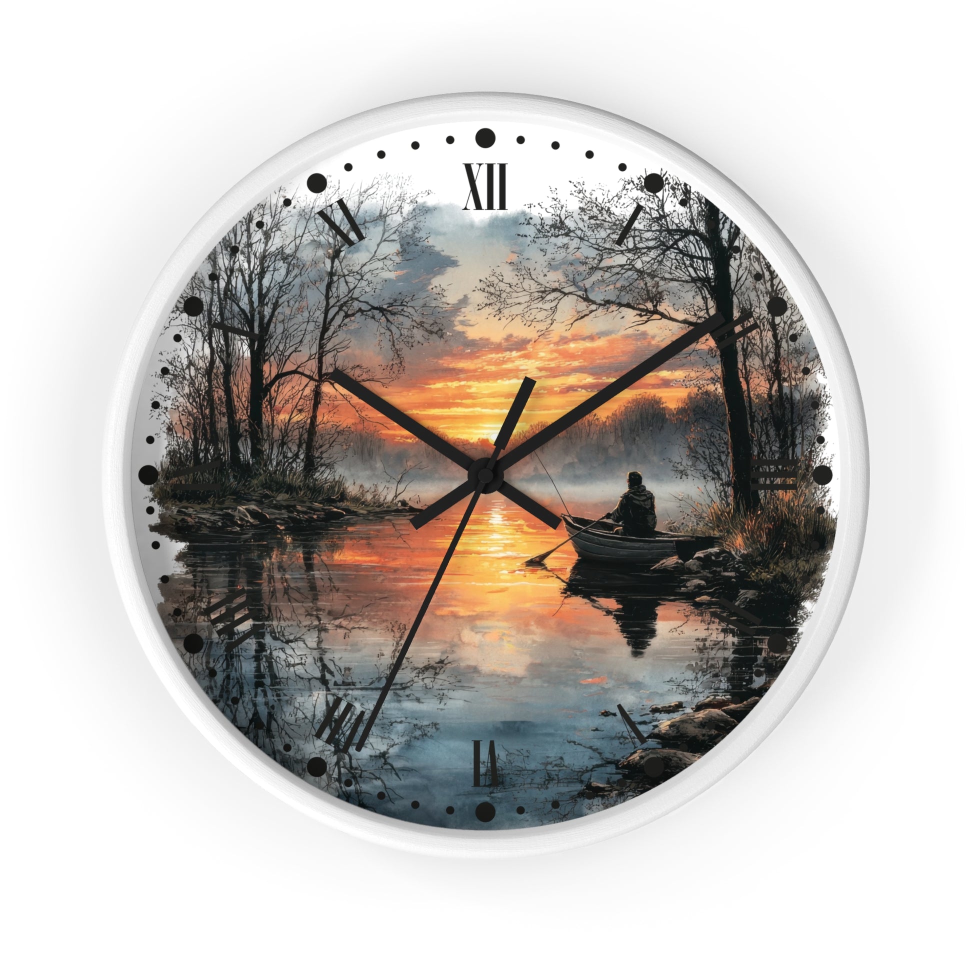 Round wall clock with a white frame and a scenic print of a lake at sunset, featuring black Roman numerals and black clock hands.