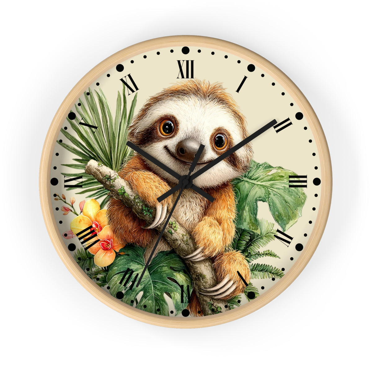 A round wall clock with a light wood frame featuring an illustration of a smiling sloth holding a branch among tropical green leaves and yellow flowers on a cream background with black Roman numerals.