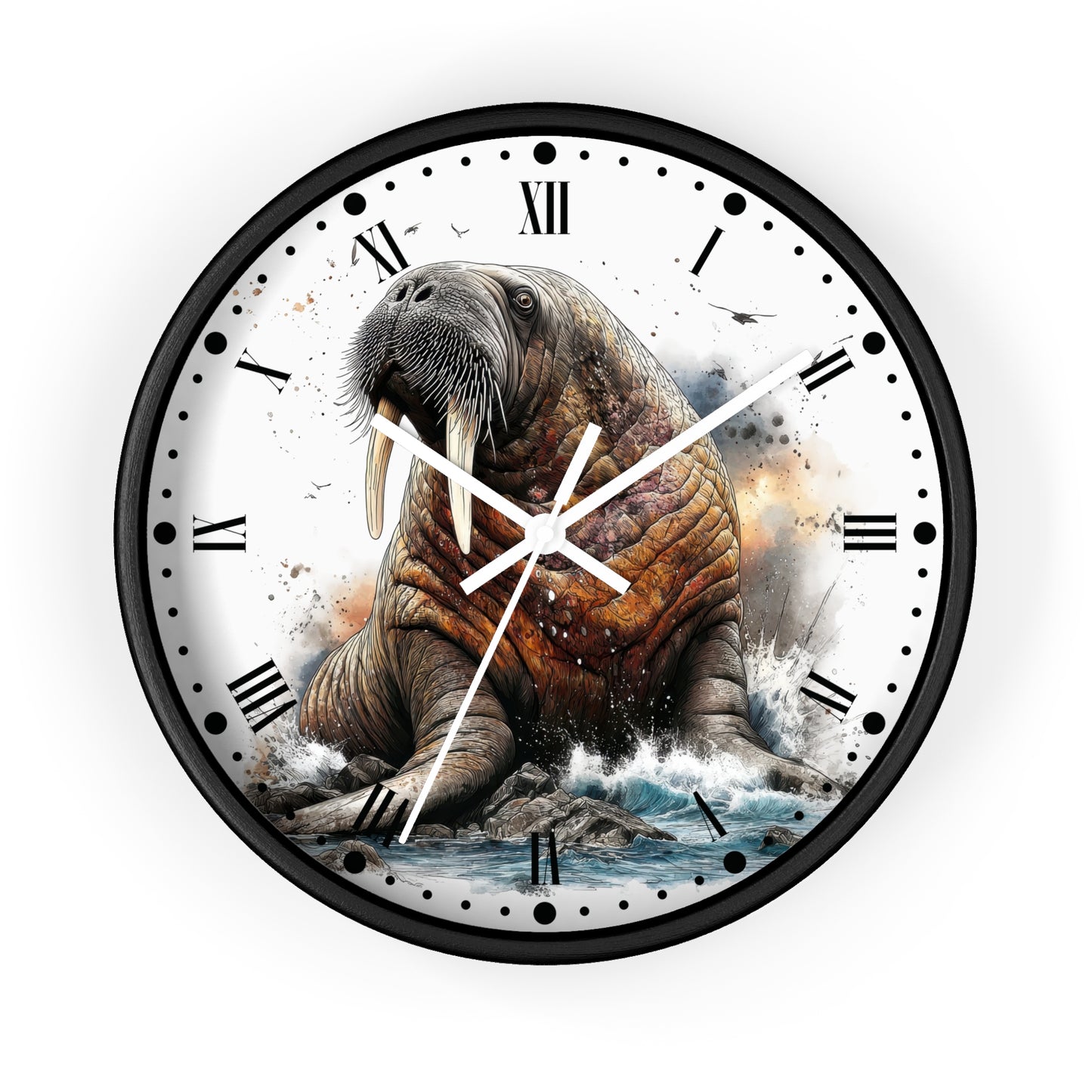 A round wall clock with a black frame and a printed design of a walrus sitting on rocks in the water, with Roman numerals and white clock hands on a white face.
