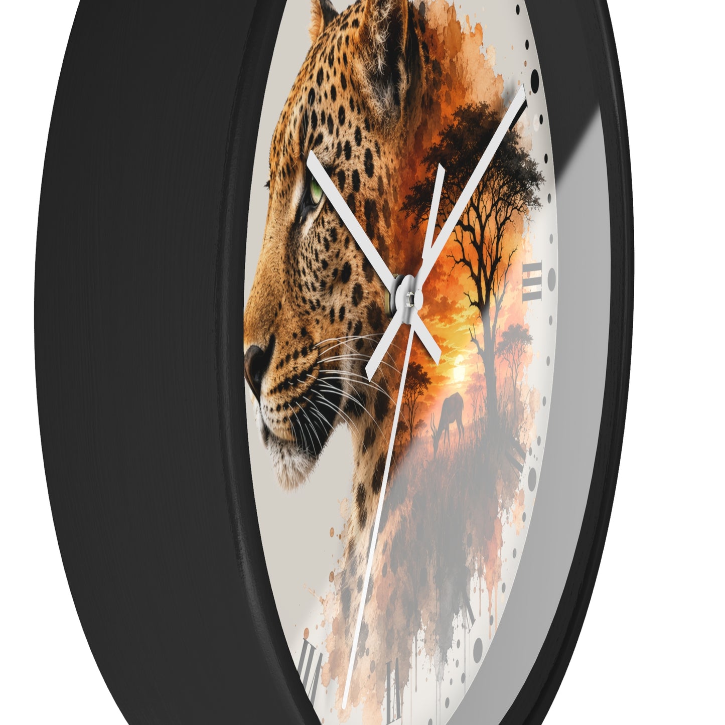 Round wall clock with a black frame and a printed face featuring a leopard profile blending into an African savanna sunset scene, shown on a white background.