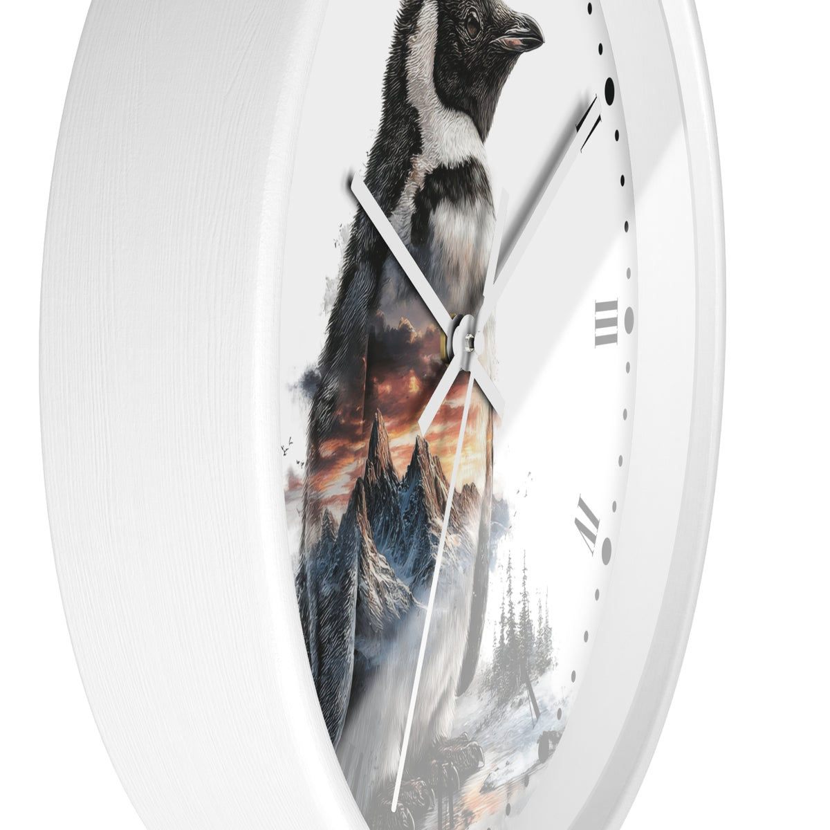A white round wall clock with a printed design of a penguin standing in front of a dramatic mountain sunset scene.