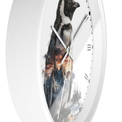 A white round wall clock with a printed design of a penguin standing in front of a dramatic mountain sunset scene.