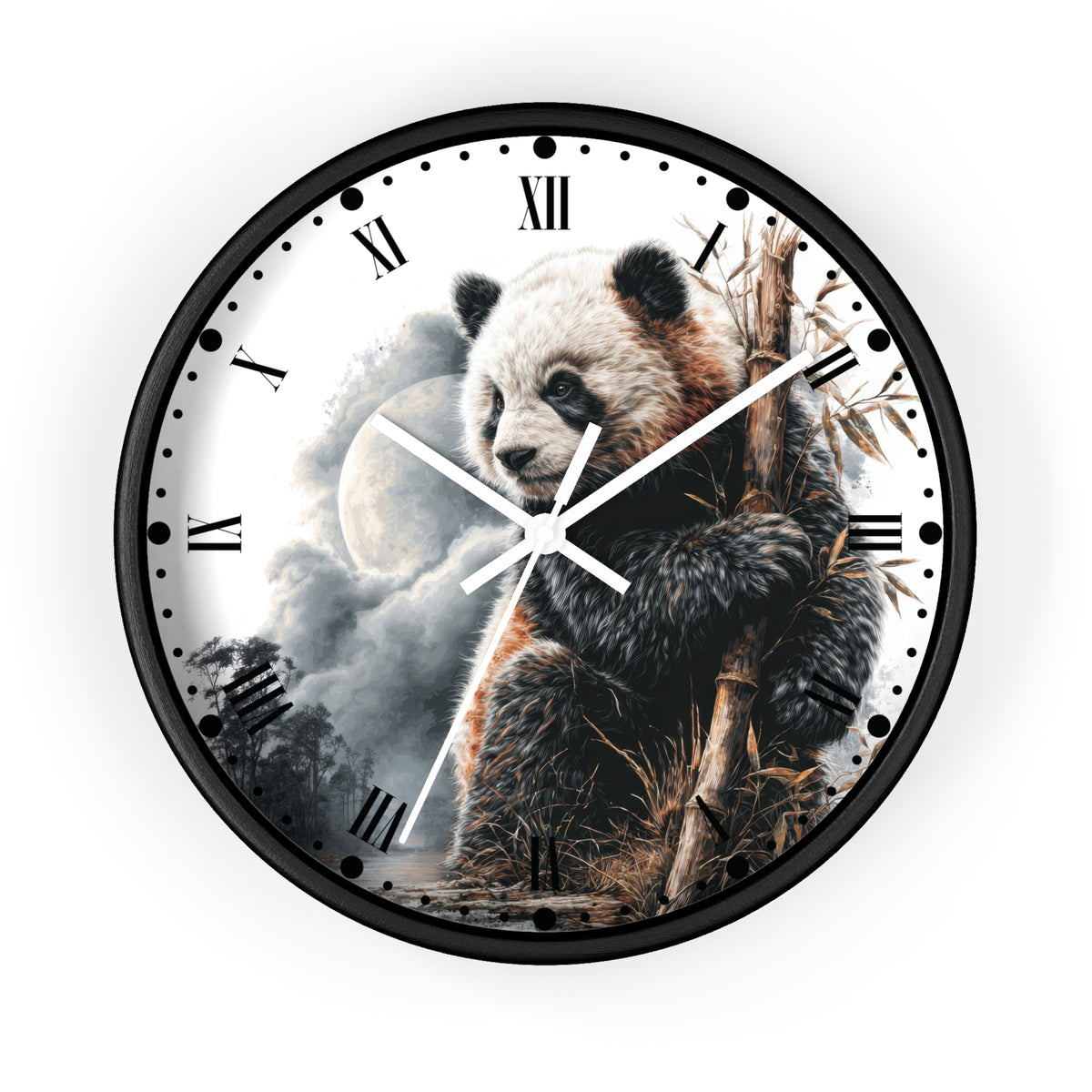 Round wall clock with a black frame and a printed panda illustration on the face, featuring black Roman numerals and white clock hands against a white background.