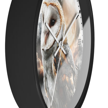 A round wall clock with a black frame and a printed barn owl face on the clock face, shown against a plain white background.