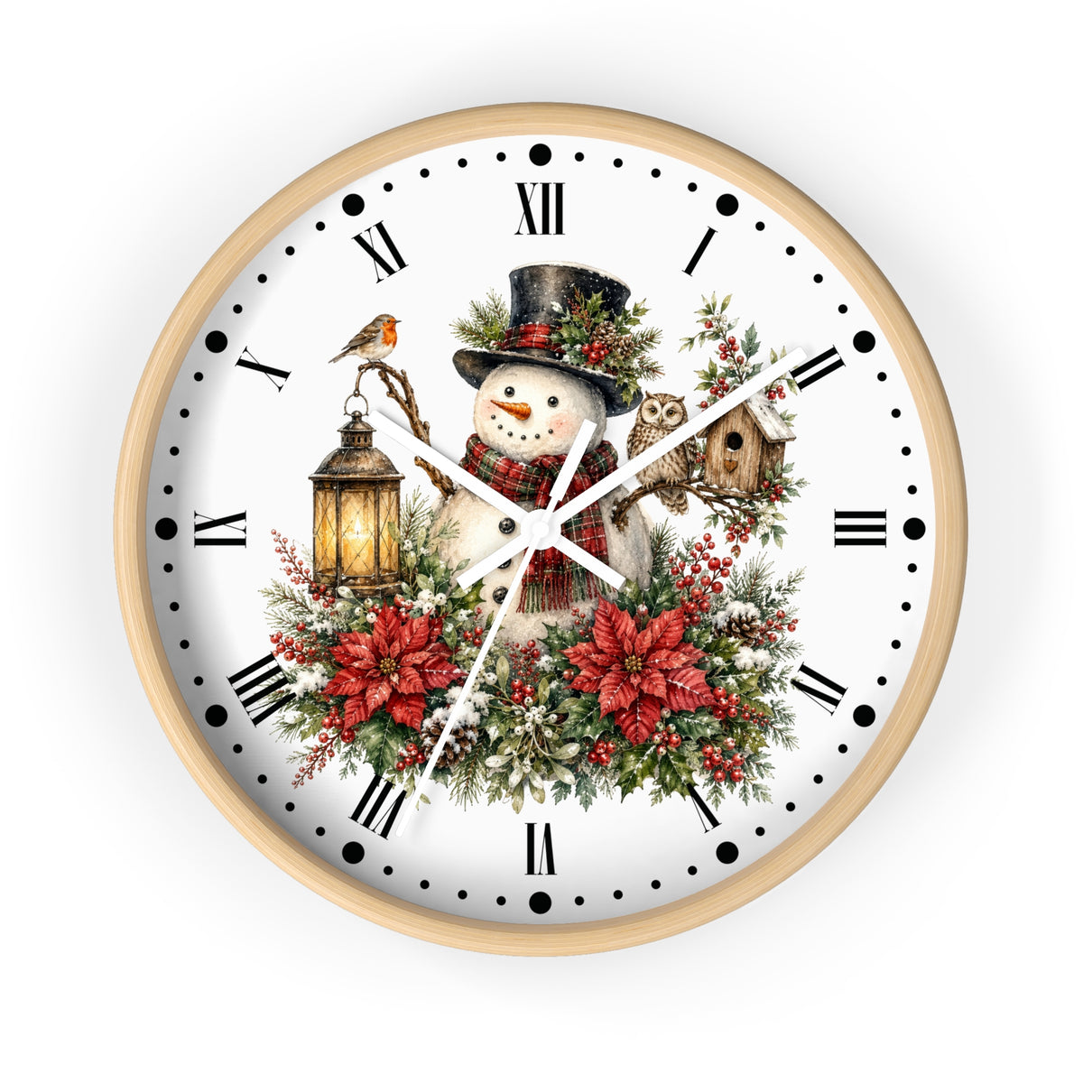 A round wall clock with a light wood frame and a white face featuring a festive Christmas illustration of a snowman, red poinsettias, green foliage, a bird, a lantern, and a birdhouse, with black Roman numerals and hands.