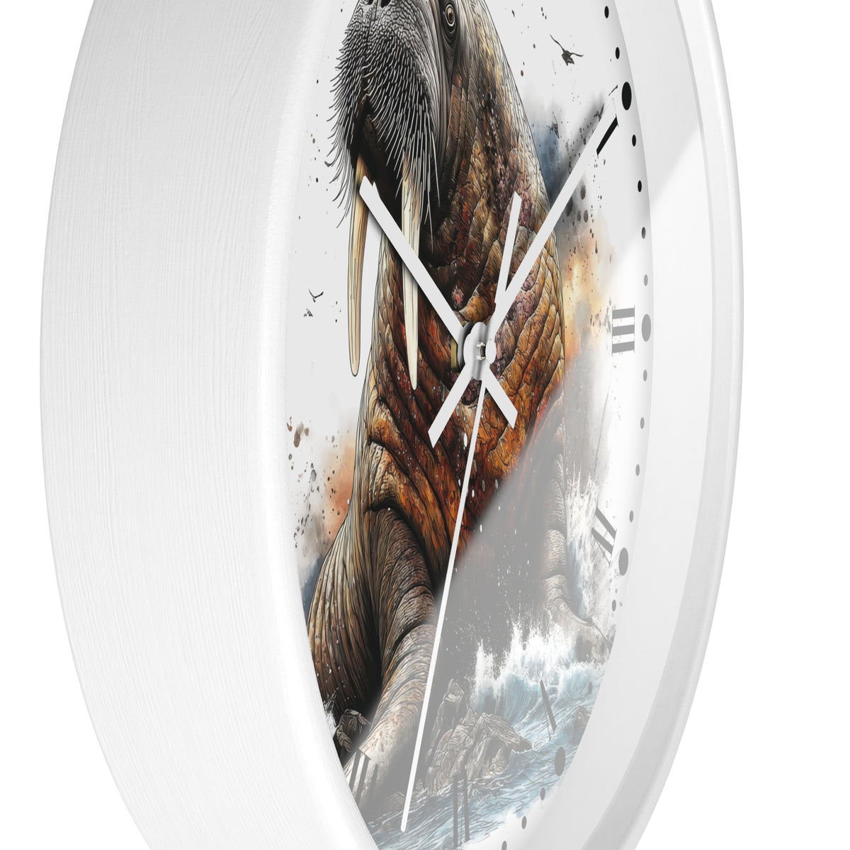 A round wall clock with a white frame and a printed illustration of a walrus on the face, with white hands and black Roman numerals, shown against a plain white background.
