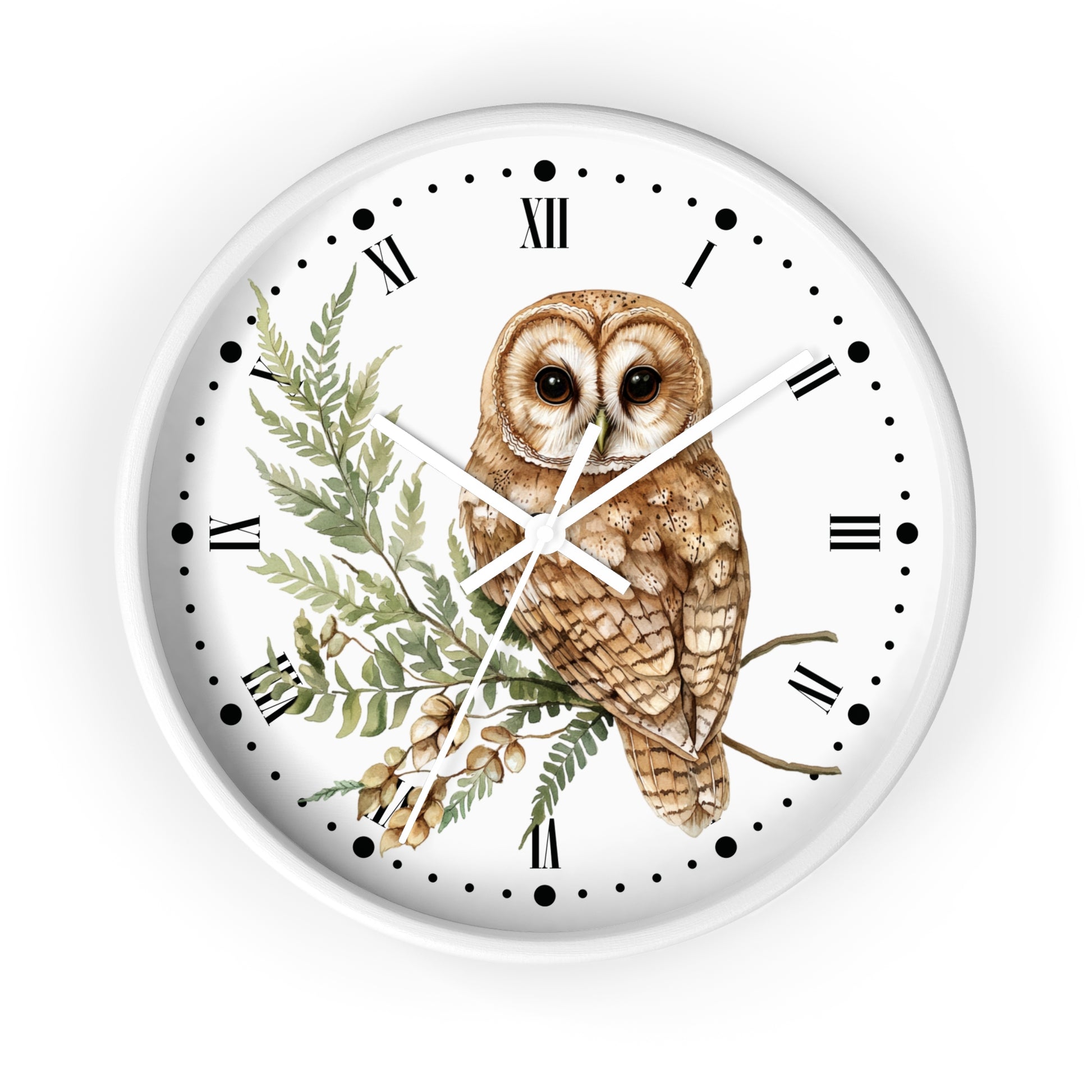 A round wall clock with a white face and outer rim, featuring a detailed illustration of a brown owl perched on a branch with green leaves and acorns. The clock has black Roman numerals and black dot hour markers, with white hands.