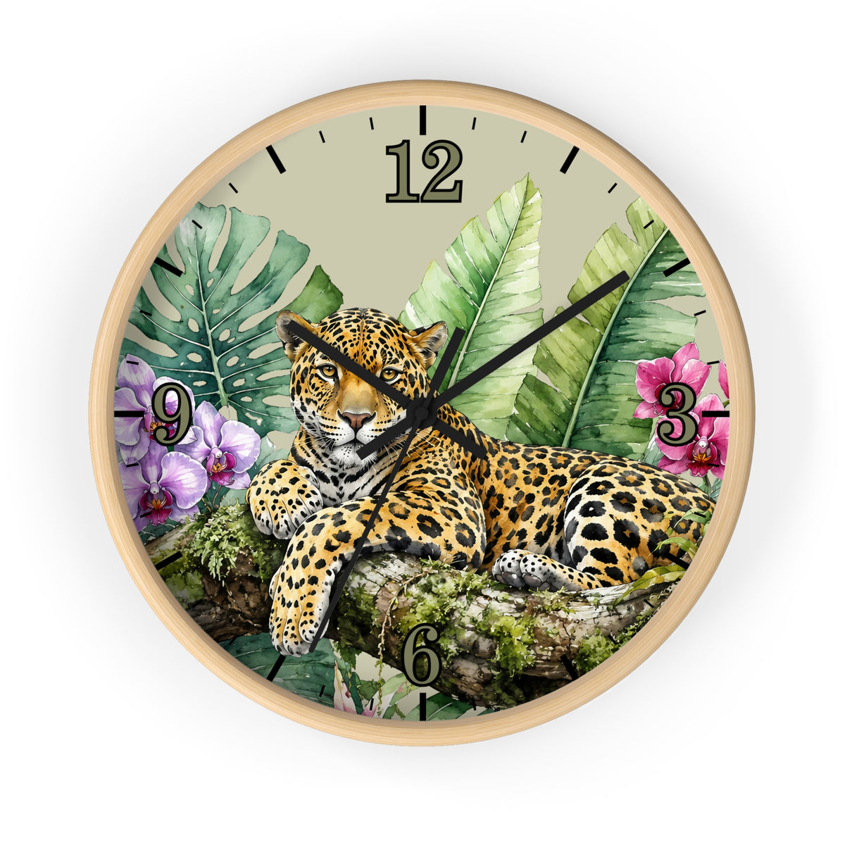 Round wall clock with a light wood frame and a tropical jungle design featuring a leopard resting on a branch among green leaves and pink flowers, with black Arabic numerals.