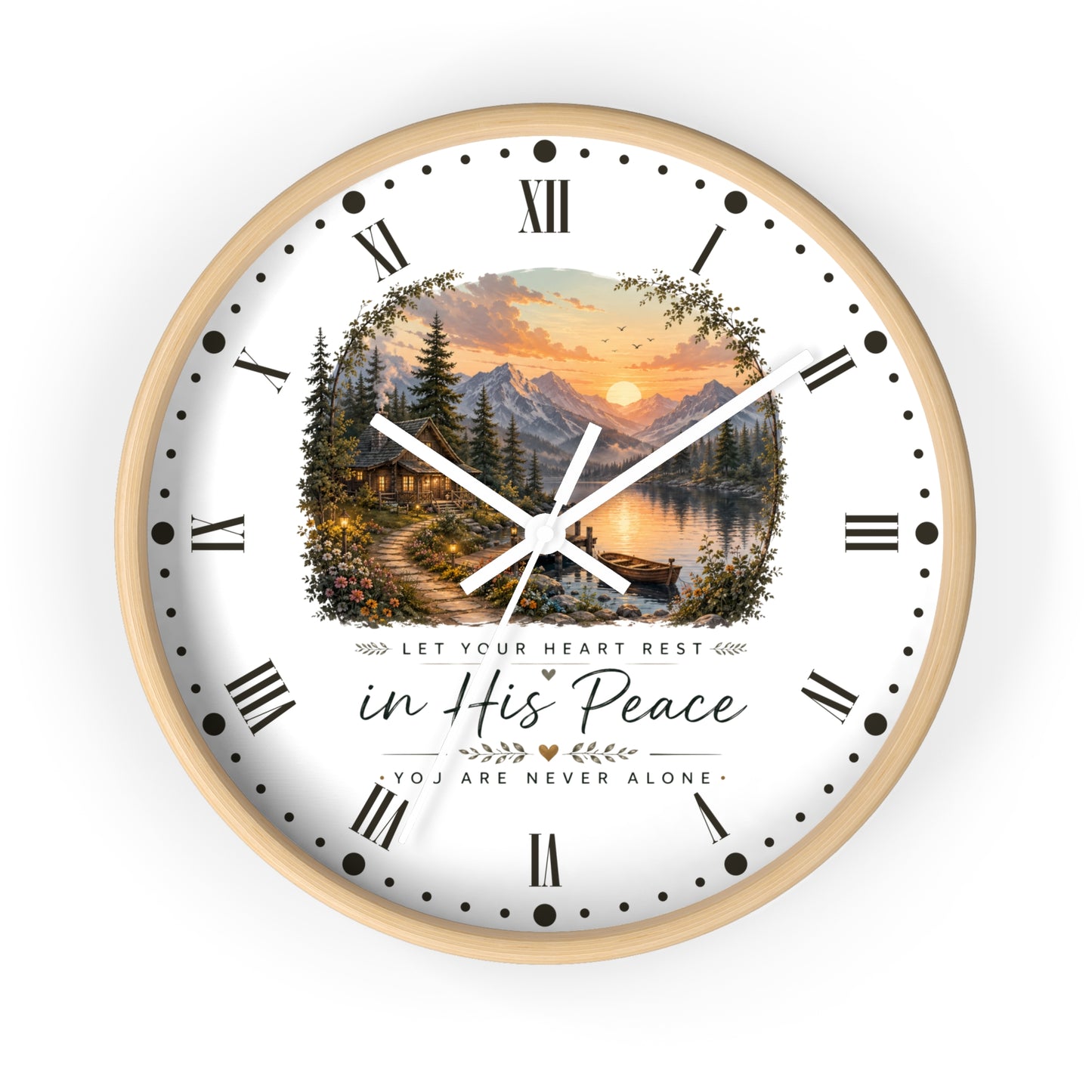 Scenic Cabin Christian Wall Clock - 'In His Peace Let Your Heart Rest'