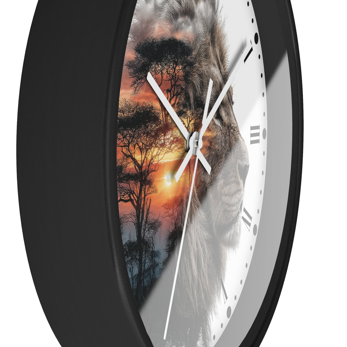 A close-up of a round wall clock with a black frame and a split-face design: one half shows a lion face, the other half shows an orange sunset with tree silhouettes, over a white clock face with Roman numerals.