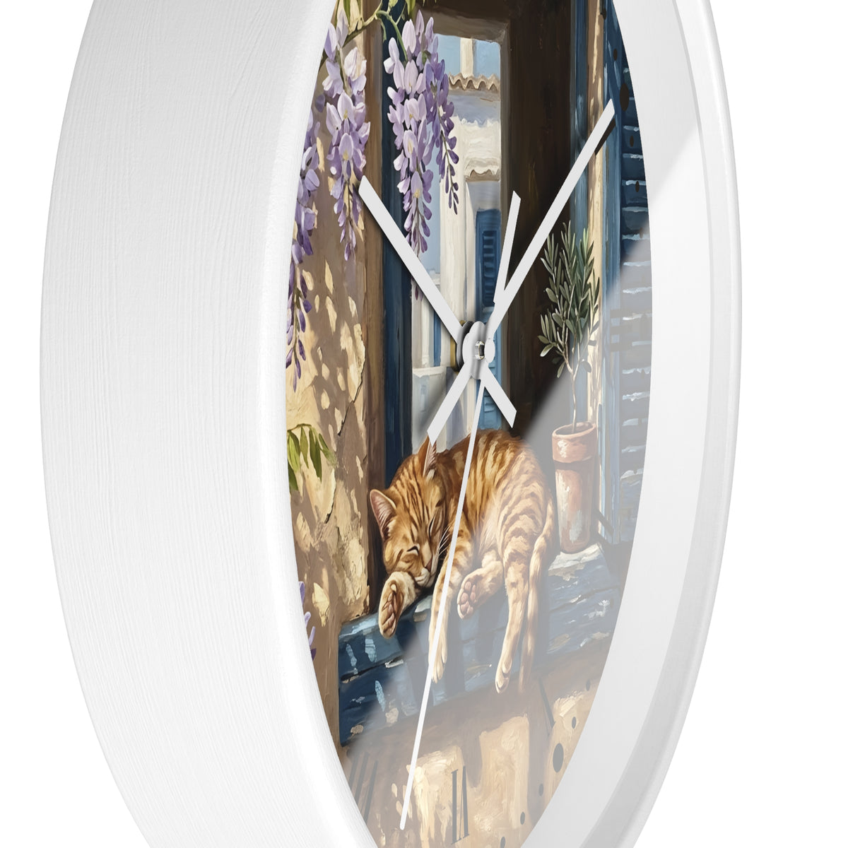 Round white wall clock featuring a printed illustration of an orange tabby cat sleeping on a windowsill with purple wisteria flowers and a Mediterranean-style window background.