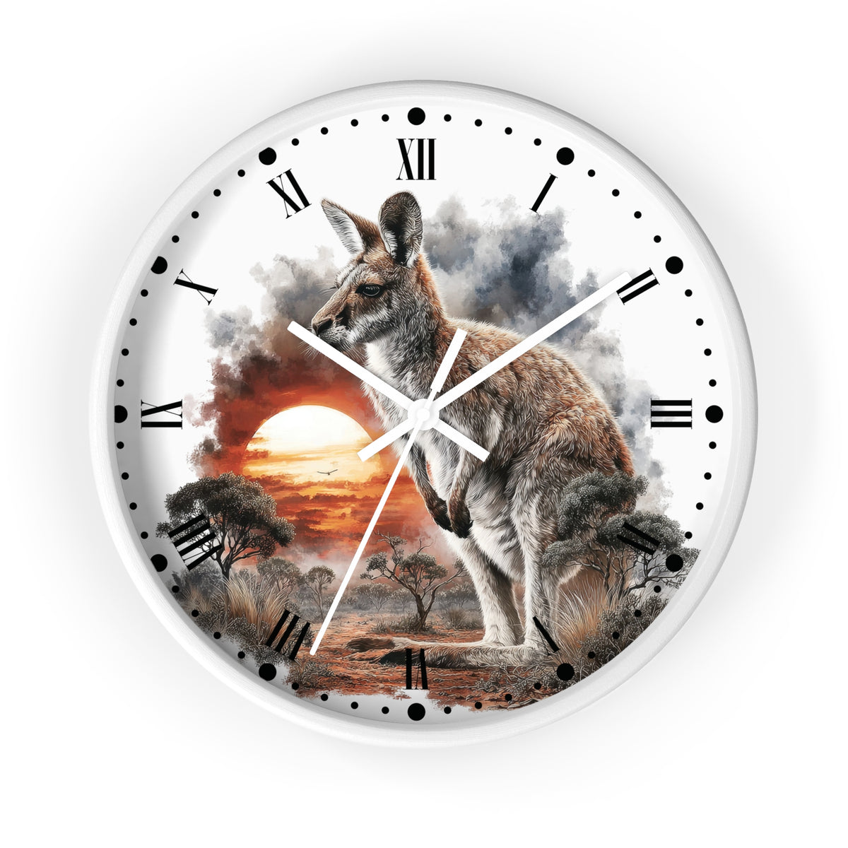 A round wall clock with a white frame and a printed scenic design featuring a kangaroo in an Australian landscape at sunset, with black Roman numerals and hands on a white background.