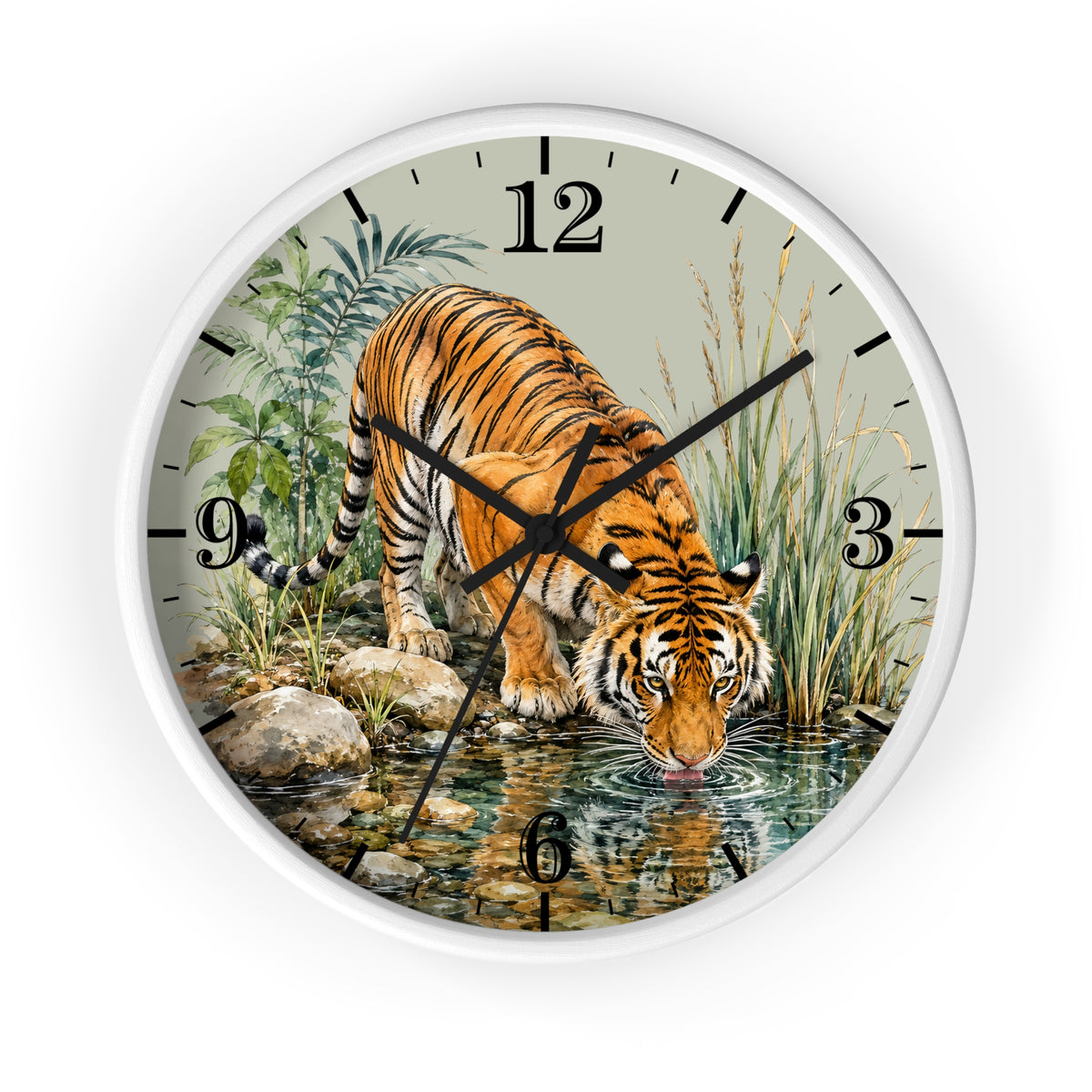 A round wall clock with a white frame and a printed illustration of a tiger drinking water from a stream, with black Arabic numerals and clock hands on a light gray background.
