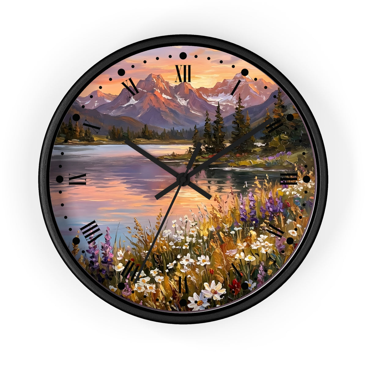 A round wall clock with a black frame and a scenic landscape print featuring mountains, a lake, trees, and wildflowers. The clock face has black Roman numerals and black hands, shown against a plain white background.