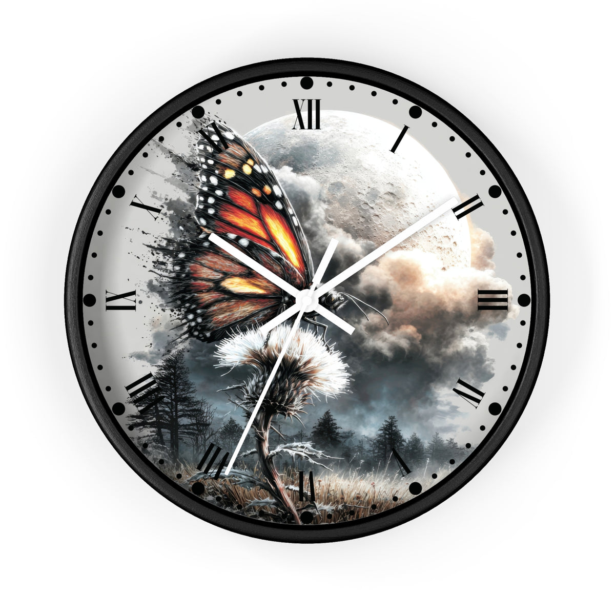 A round wall clock with a black frame and a printed dial showing a dramatic fantasy scene: a large orange-and-black butterfly over a white moon, storm clouds, a forest, and a dandelion. Roman numerals mark the hours, and the clock is centered on a light gray background.