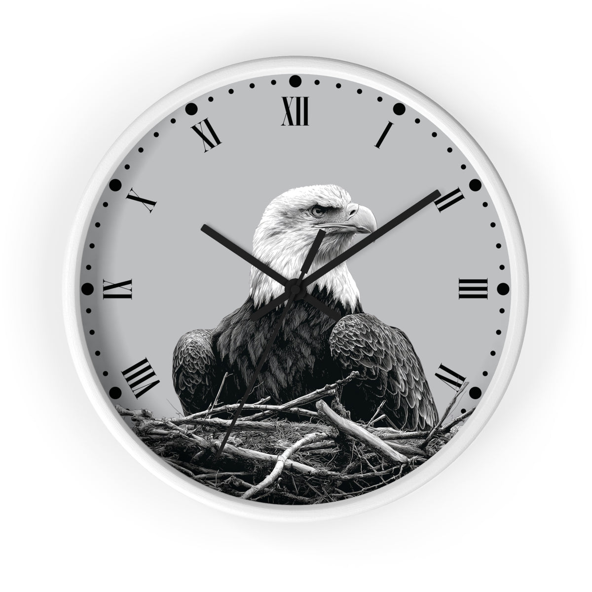 A round wall clock with a white frame and a monochrome photograph of a bald eagle sitting in a nest on the clock face, with black Roman numerals and hands on a light gray background.
