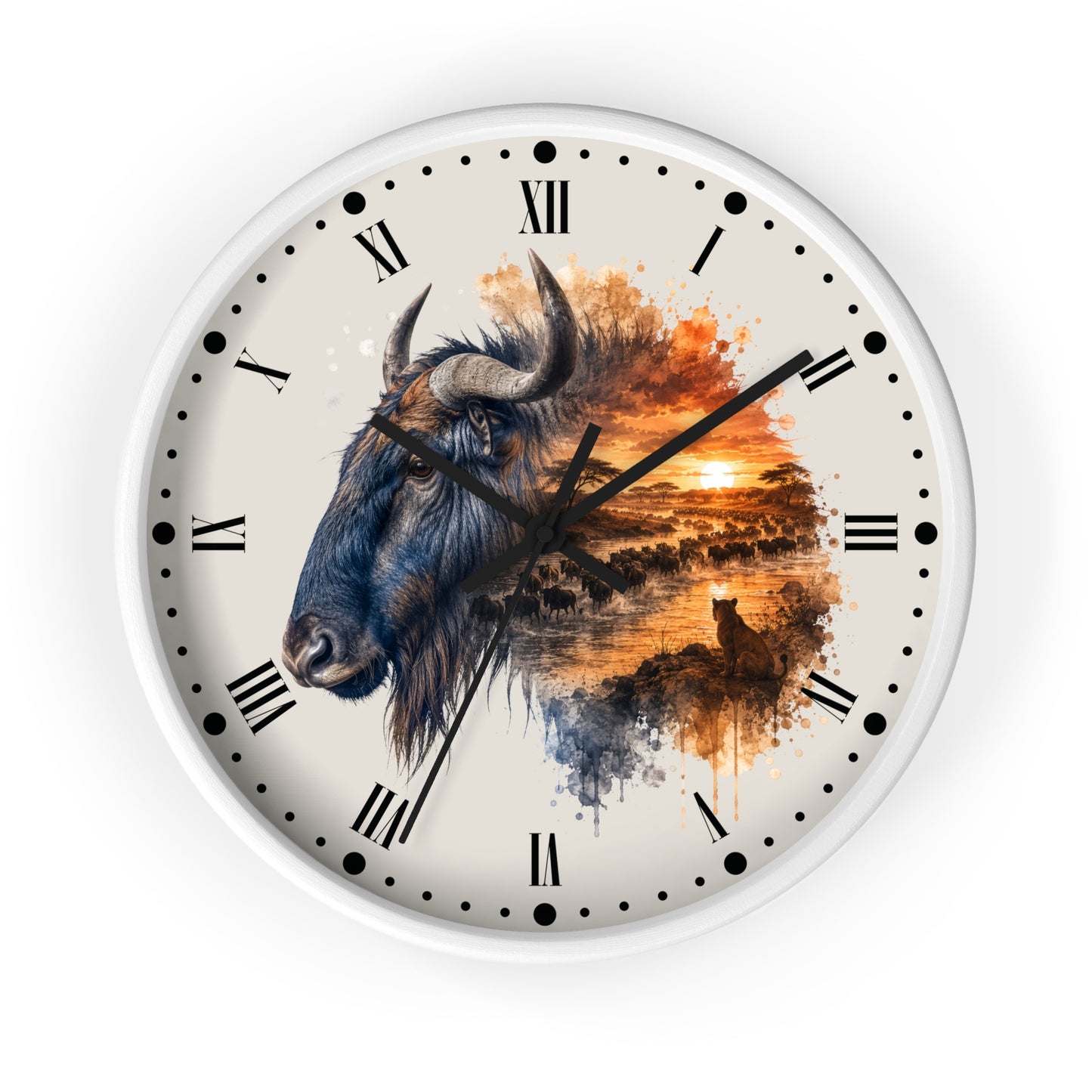 A round wall clock with a white frame and a cream-colored face, featuring a watercolor-style illustration of a blue wildebeest alongside an African savanna sunset scene with an orange sun and dark bird silhouettes. The clock uses Roman numerals for hour markers and has black hands and dots.