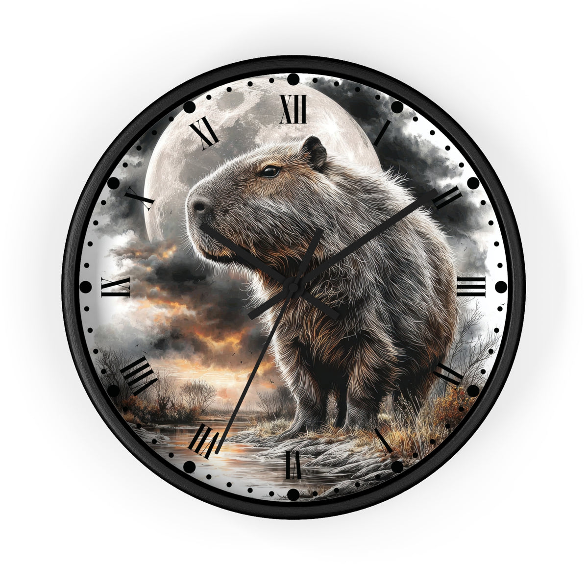 Round wall clock with a black frame and a printed scenic dial featuring a capybara standing in front of a large full moon and dramatic clouds. Roman numerals mark the hours, and the clock is shown centered on a plain white background.