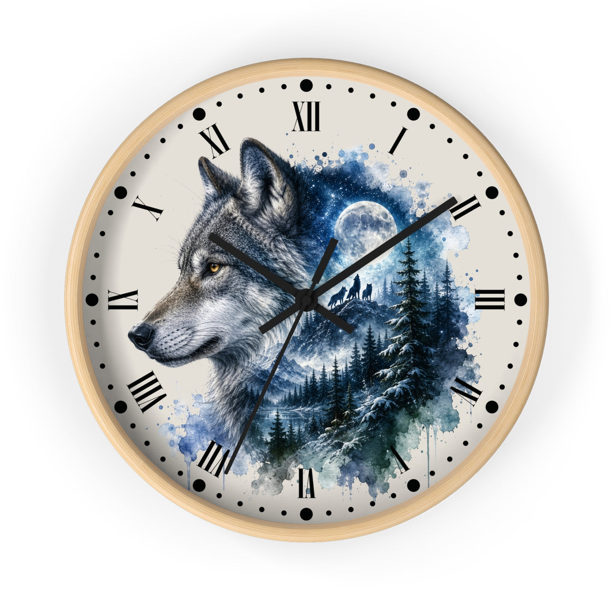 Round wall clock with a light wood frame and a printed wolf illustration over a blue watercolor forest and moon background. The clock face is off-white with black Roman numerals, black hour markers, and black hands.