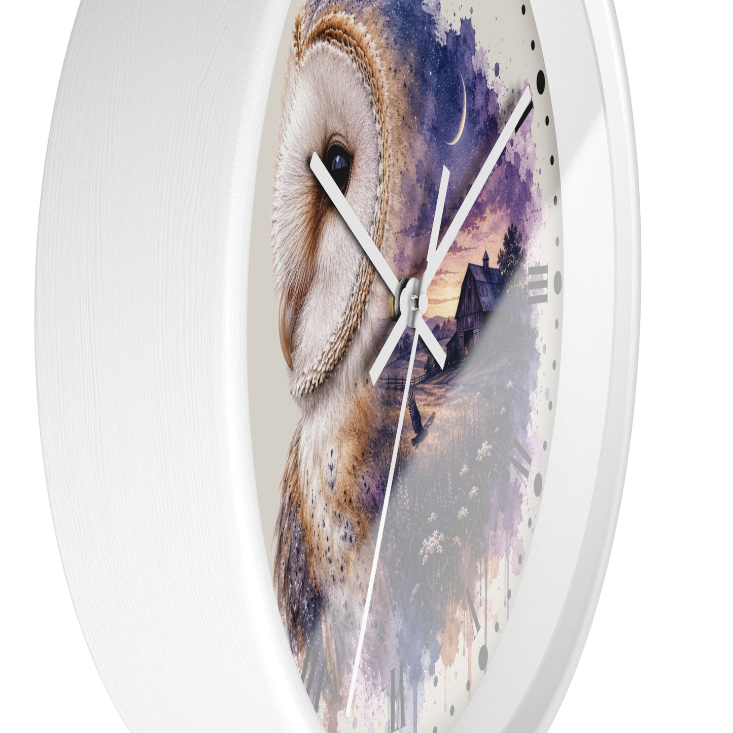 Round wall clock with a white frame and a printed owl and house watercolor design on the face, shown against a plain white background.
