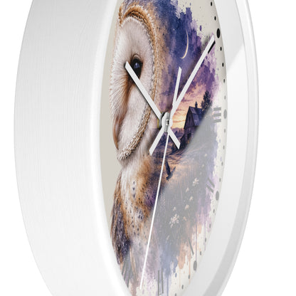 Round wall clock with a white frame and a printed owl and house watercolor design on the face, shown against a plain white background.