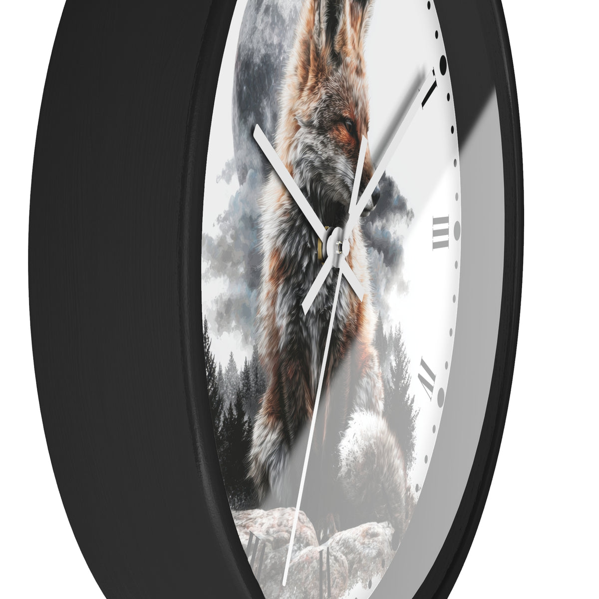 A round wall clock with a black frame and a printed wolf scene on the face, photographed against a plain white background.