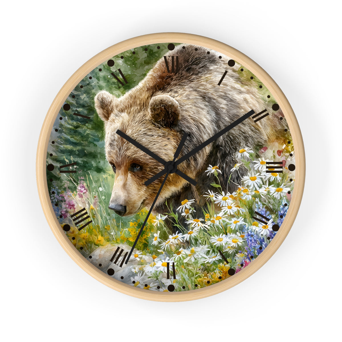 Grizzly Bear in Wildflower Meadow Wall Clock — Rustic Nature Animal Decor