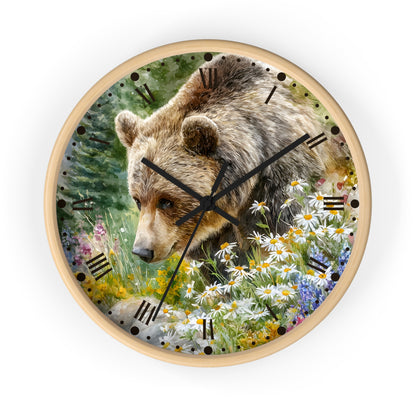 Grizzly Bear in Wildflower Meadow Wall Clock — Rustic Nature Animal Decor