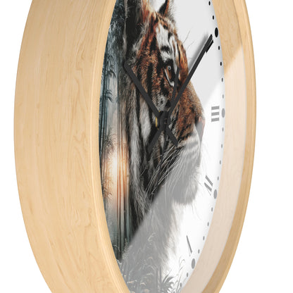 Round wall clock with a light natural wood frame and a printed tiger face over a white clock face with black hands and Roman numerals.