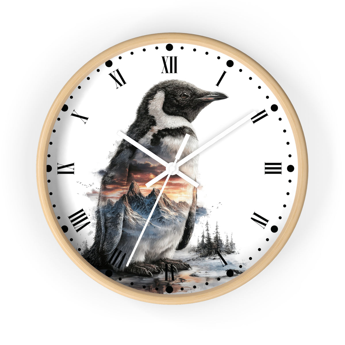 Penguin Mountain Landscape Wall Clock with Roman Numerals — Nature Scenic Animal Decor