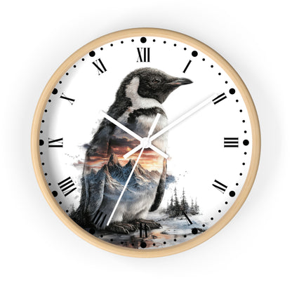 Penguin Mountain Landscape Wall Clock with Roman Numerals — Nature Scenic Animal Decor