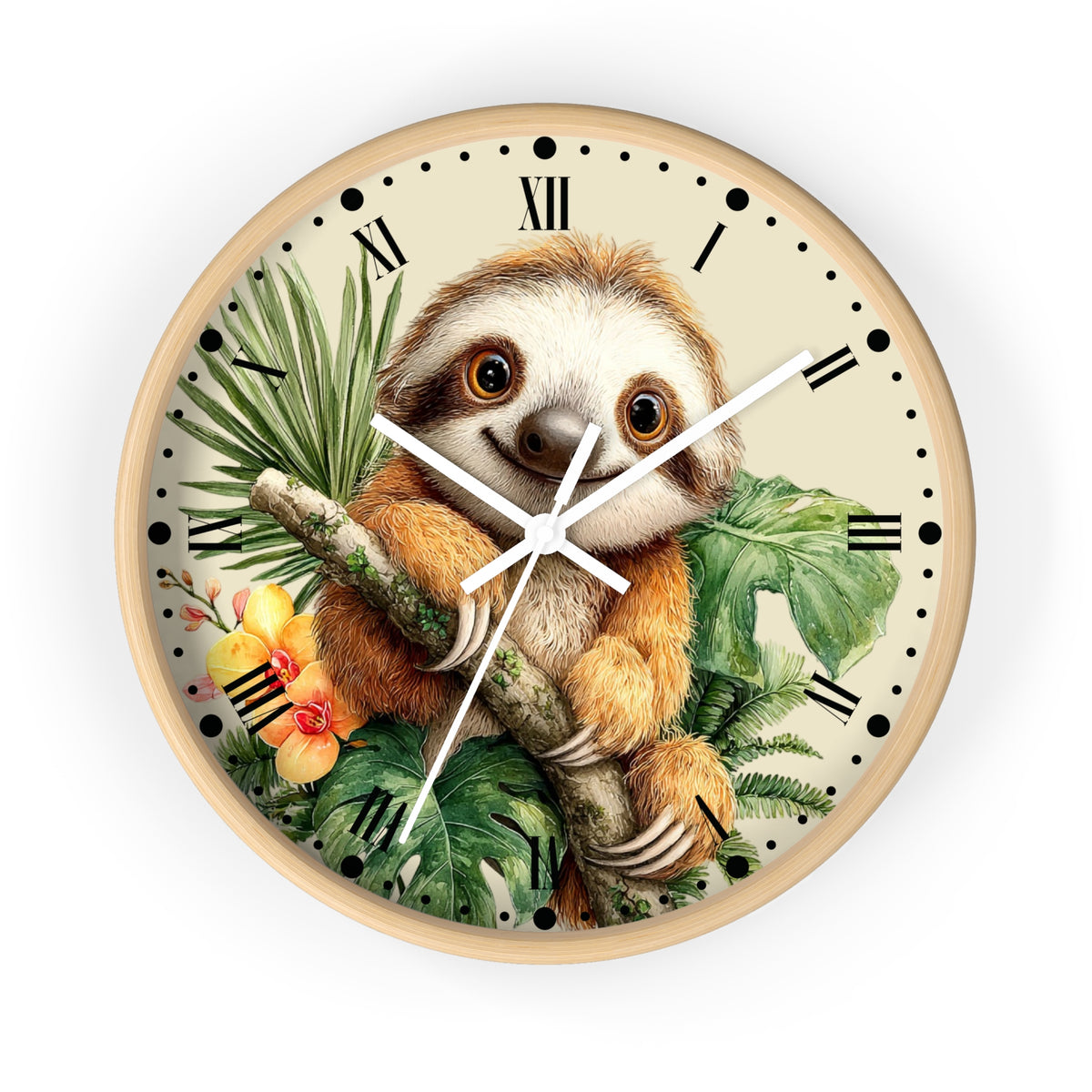 A round wall clock with a light wood frame featuring a detailed illustration of a smiling sloth holding a branch among tropical green leaves and yellow flowers. The clock face is cream with black Roman numerals and hands.