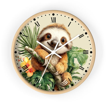 A round wall clock with a light wood frame featuring a detailed illustration of a smiling sloth holding a branch among tropical green leaves and yellow flowers. The clock face is cream with black Roman numerals and hands.