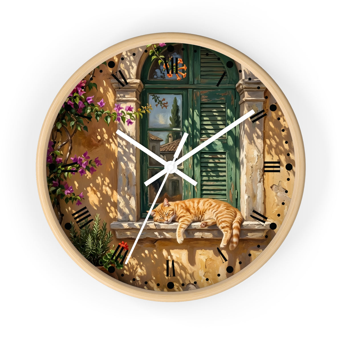 Round wall clock with a light wood frame and a printed scenic design featuring a green shuttered window, warm beige walls, purple flowers, and an orange tabby cat resting on a windowsill. White clock hands and black Roman numerals complete the look.