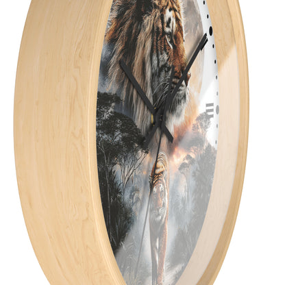 Round wall clock with a light natural wood frame and a printed animal scene featuring a large lion head and tiger walking a path in a forest, with black clock hands and no visible numbers.