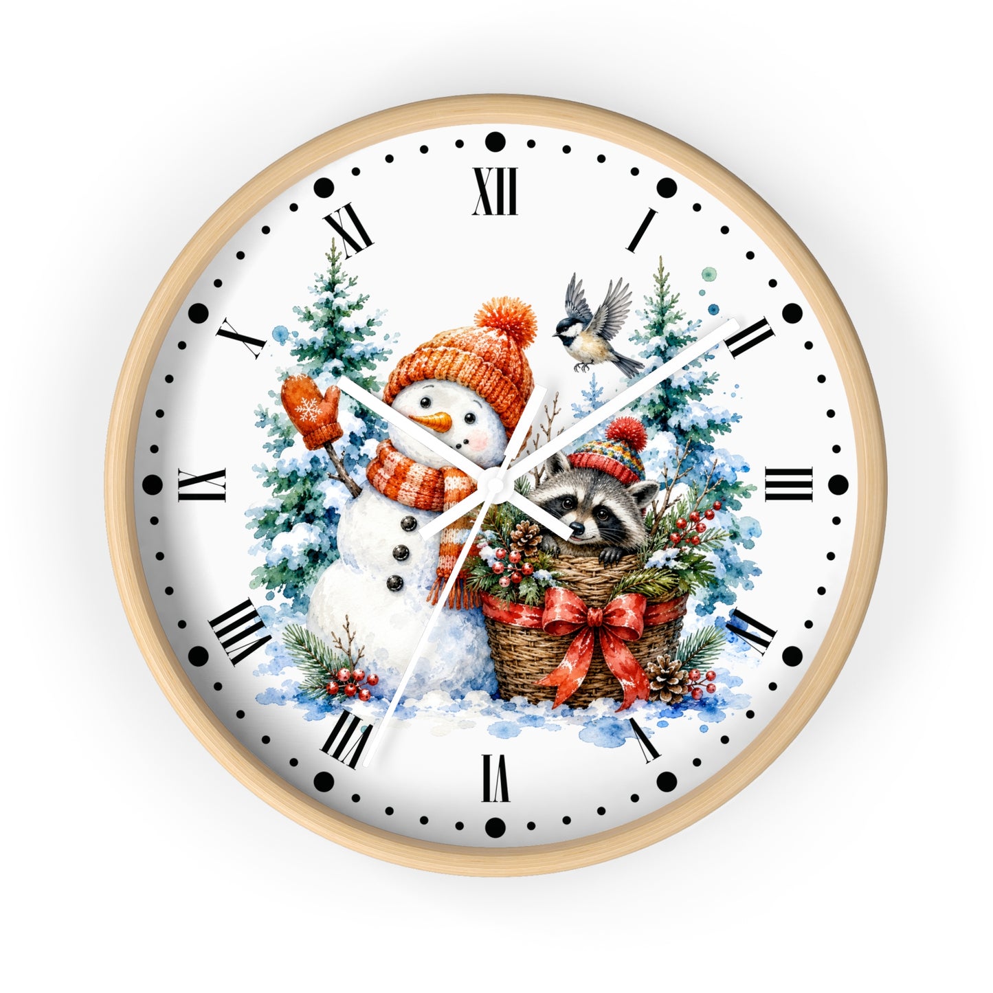 A round wall clock with a light wood frame and a white face featuring a festive winter illustration of a snowman in a red-orange hat, a raccoon in a basket, evergreen trees, and a bird, with black Roman numerals and hands.
