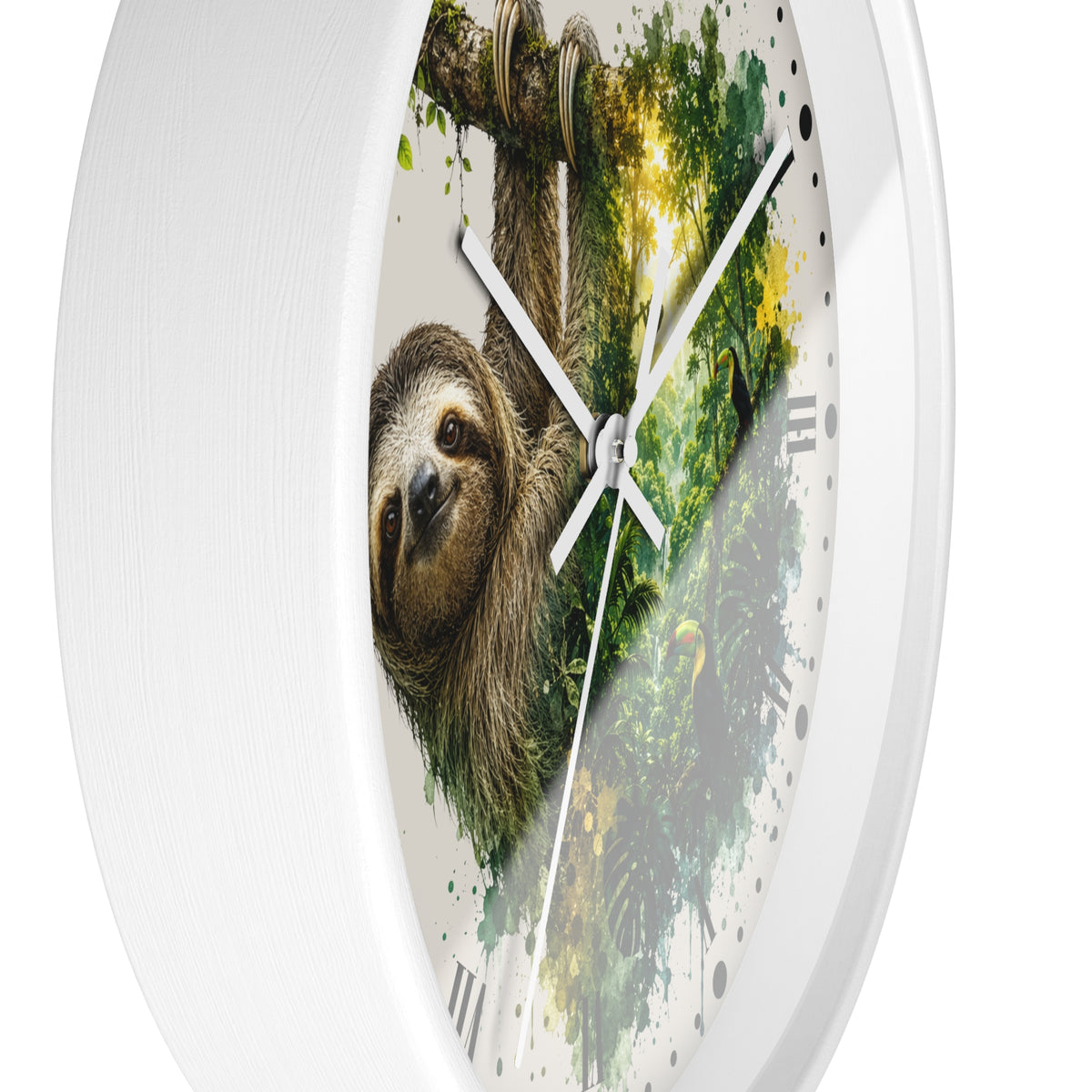A round white wall clock with a printed face showing a sloth hanging from a tree branch above a green jungle scene, photographed against a plain white background.