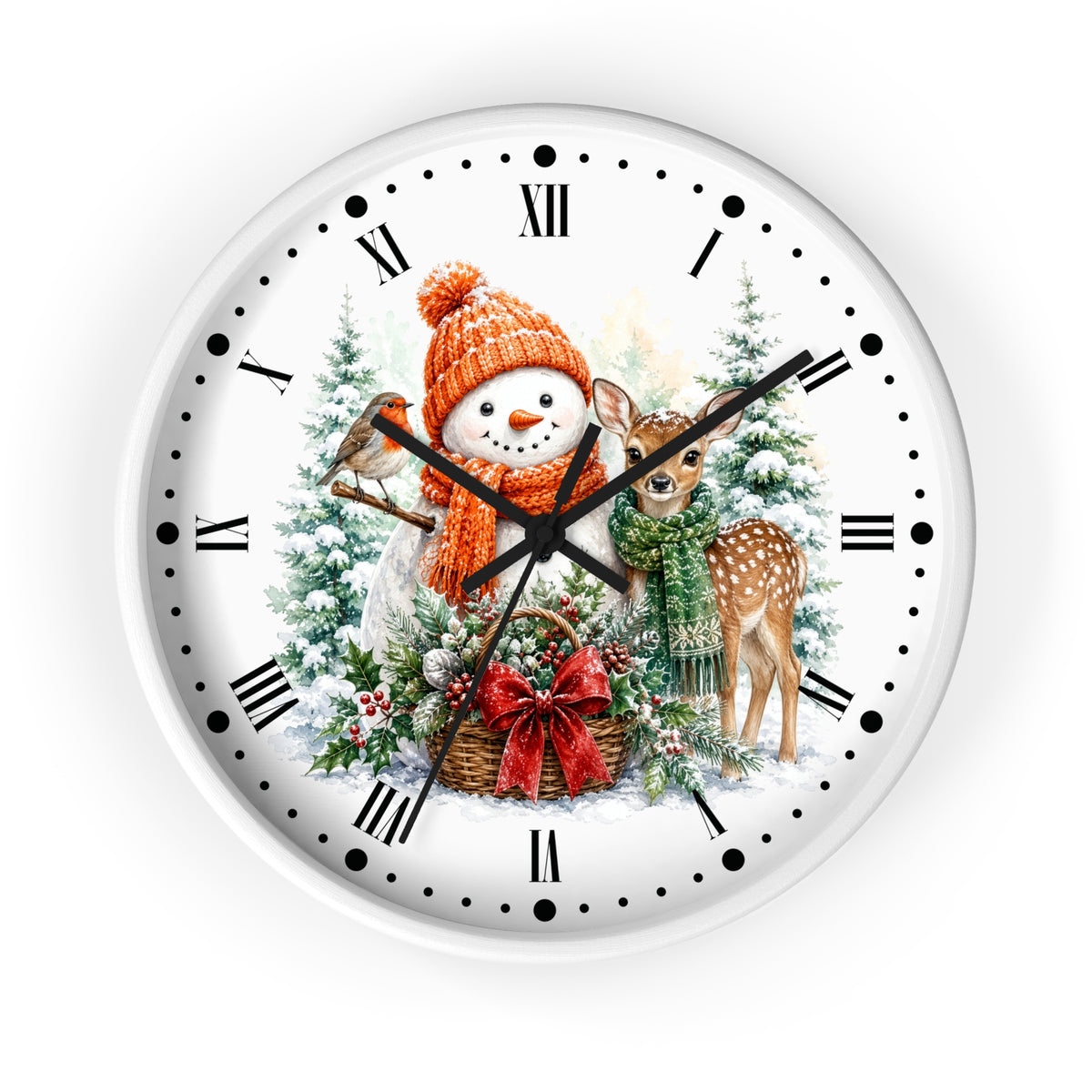 Snowman & Fawn Holiday Wall Clock — Festive Winter Deer Decor